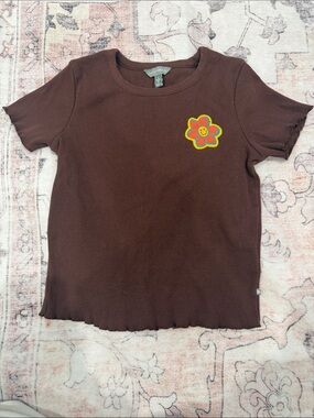 Lucky Brand Brown Ribbed Short Sleeve Tee with Smiley Flower Patch